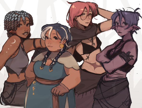 2023 Character Sheet. Left to right: Eeko, Saran, Leif, Keino
